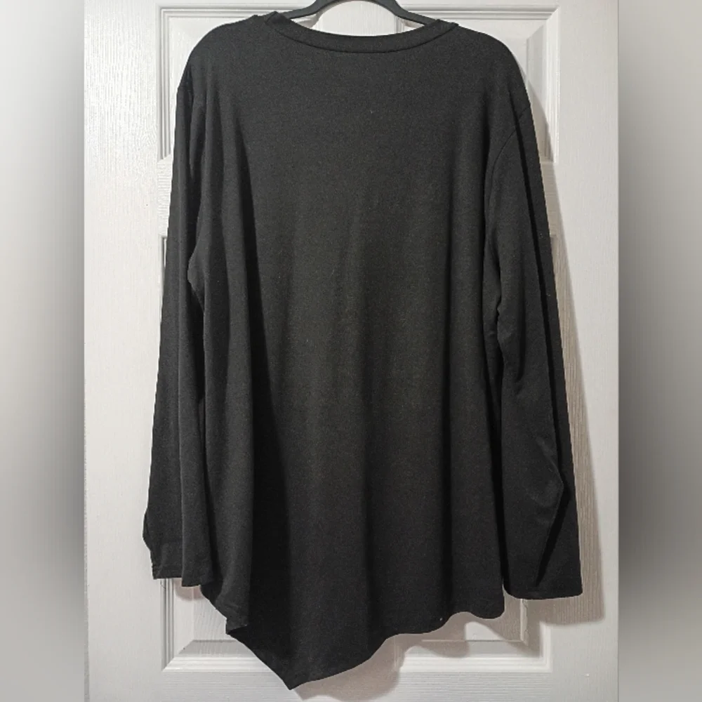 Black Asymmetrical Button Detail Long Sleeve Tunic Top